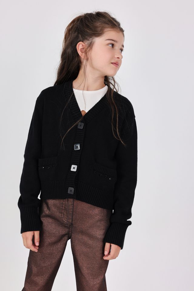 Czarny sweter rozpinany dla dziewczynki Boboli 722359 – z ozdobami – 104–162 cm