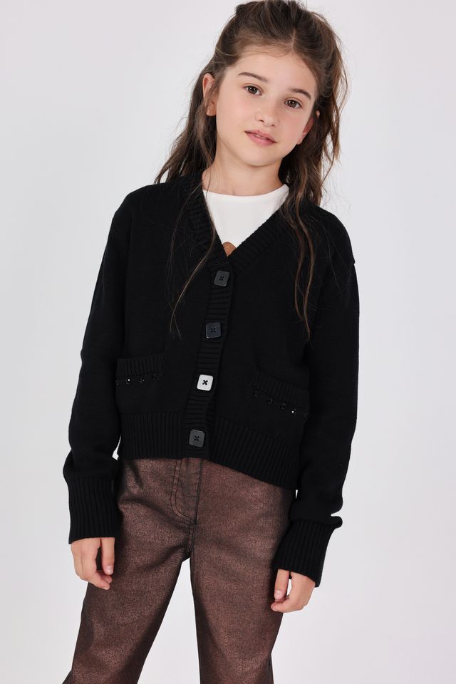 Czarny sweter rozpinany dla dziewczynki Boboli 722359 – z ozdobami – 104–162 cm