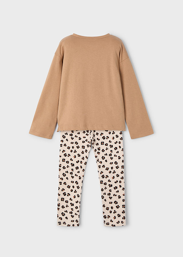 Komplet dla dziewczynki Mayoral 4719 – Koszulka długi rękaw + Leginsy we wzory – kolor camel– 92-140 cm