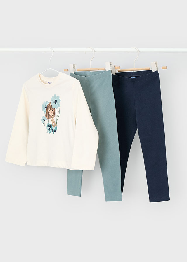Komplet 3cz. Mayoral 4724 dla dziewczynki – koszulka kremowa + legginsy szałwiowe i ołowiane – 92-140 cm
