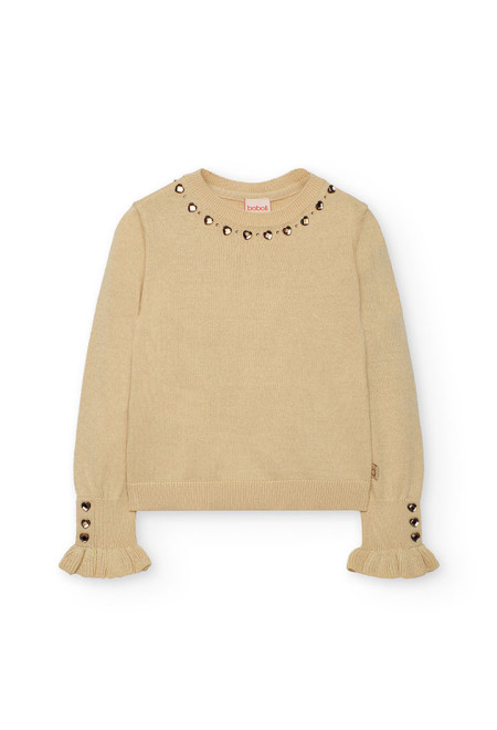Beżowy sweter dla dziewczynki Boboli 722247 – z serduszkami – 104–152 cm