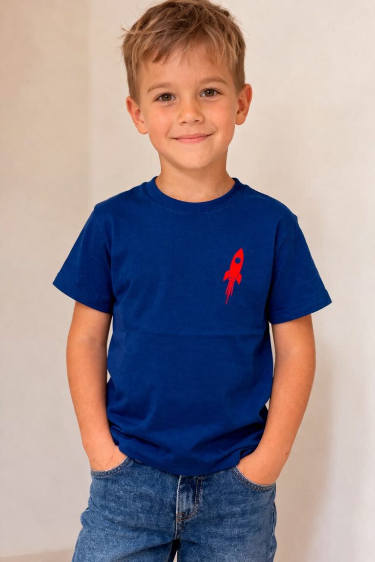Niebieski T-shirt chłopięcy z aplikacją rakiety Entlik