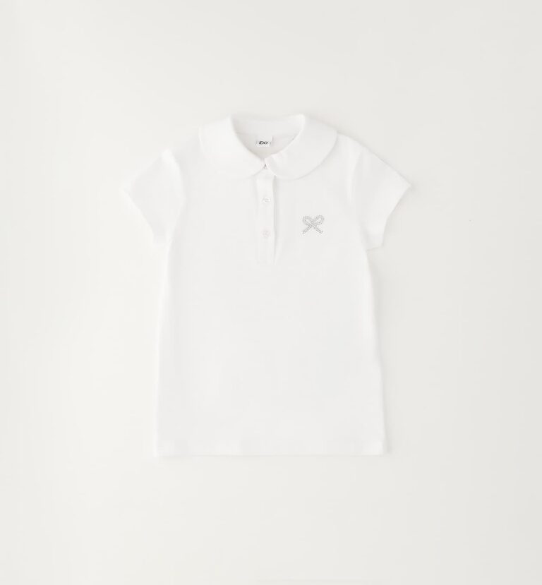 Biała koszulka polo z kołnierzykiem i kokardką z cyrkonii iDO 4G347