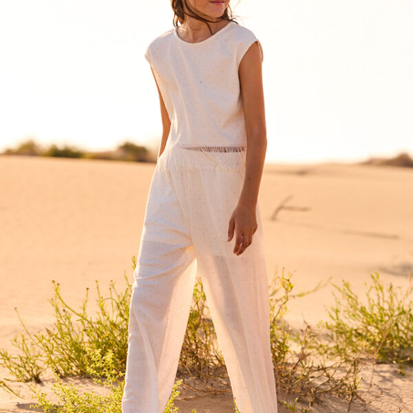 Śmietankowa koszulka dziewczęca z grafiką i tiulem Mayoral – 6005