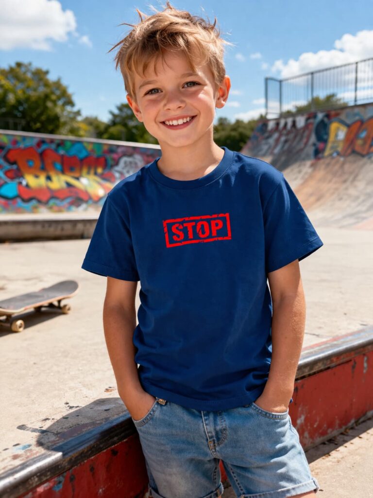 Niebieski t-shirt chłopięcy z czerwonym nadrukiem STOP Entlik