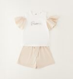 Beżowy komplet dziewczęcy z bluzką i szortami iDO - 4G540