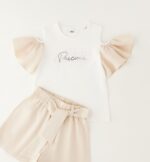 Beżowy komplet dziewczęcy z bluzką i szortami iDO - 4G540