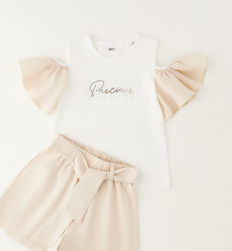 Beżowy komplet dziewczęcy z bluzką i szortami iDO - 4G540