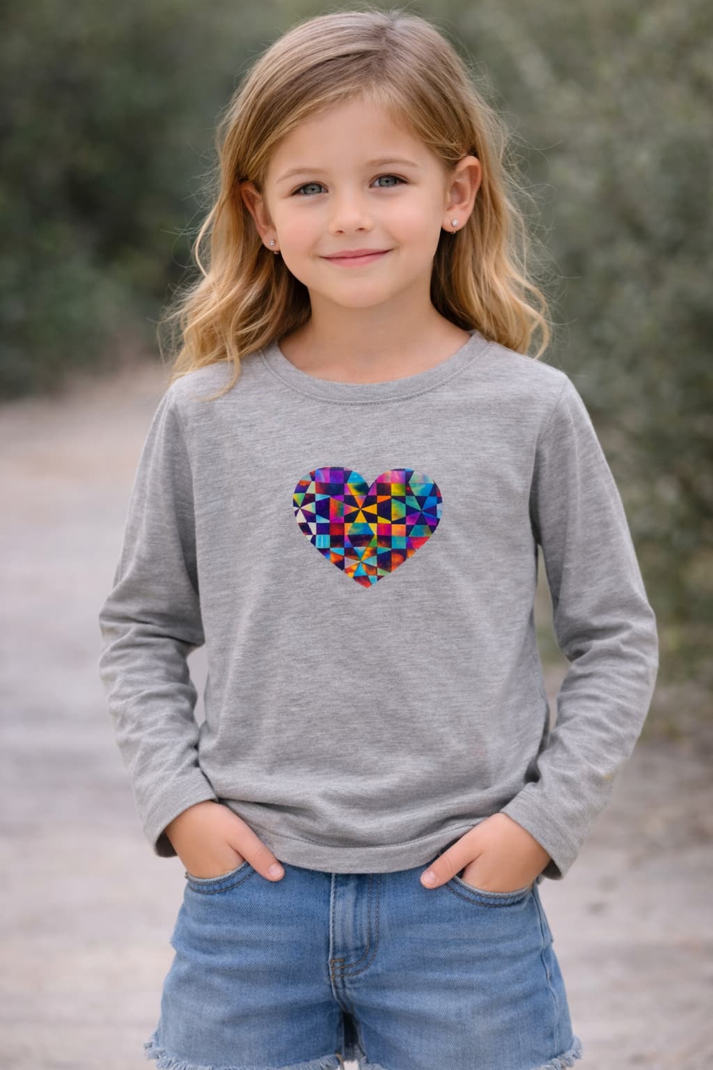 Szara koszulka dziewczęca z długim rękawem z kolorowym sercem Entlik