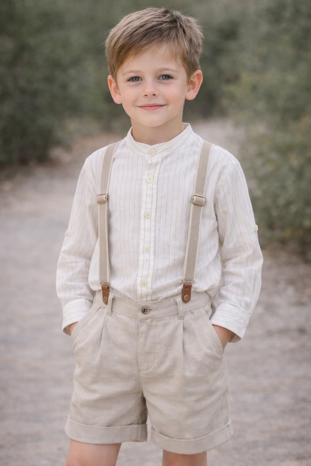 Beżowe bermudy lniane chłopięce z szelkami Boboli – 863041