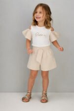 Beżowy komplet dziewczęcy z bluzką i szortami iDO - 4G540